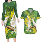 Personalised Australia Golden Wattle And Cacatua Galerita Couples Matching Long Sleeve Bodycon Dress and Hawaiian Shirt Aboriginal Art