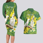 Personalised Australia Golden Wattle And Cacatua Galerita Couples Matching Long Sleeve Bodycon Dress and Hawaiian Shirt Aboriginal Art