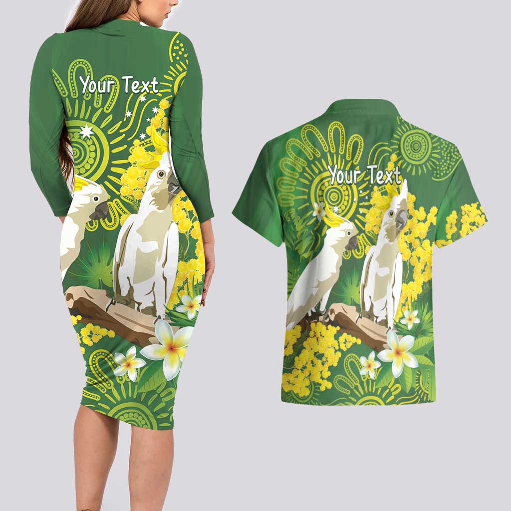 Personalised Australia Golden Wattle And Cacatua Galerita Couples Matching Long Sleeve Bodycon Dress and Hawaiian Shirt Aboriginal Art