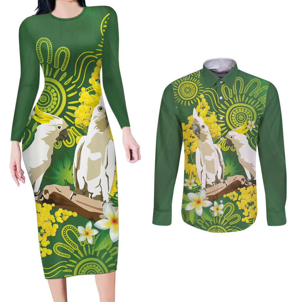 Personalised Australia Golden Wattle And Cacatua Galerita Couples Matching Long Sleeve Bodycon Dress and Long Sleeve Button Shirt Aboriginal Art