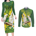 Personalised Australia Golden Wattle And Cacatua Galerita Couples Matching Long Sleeve Bodycon Dress and Long Sleeve Button Shirt Aboriginal Art