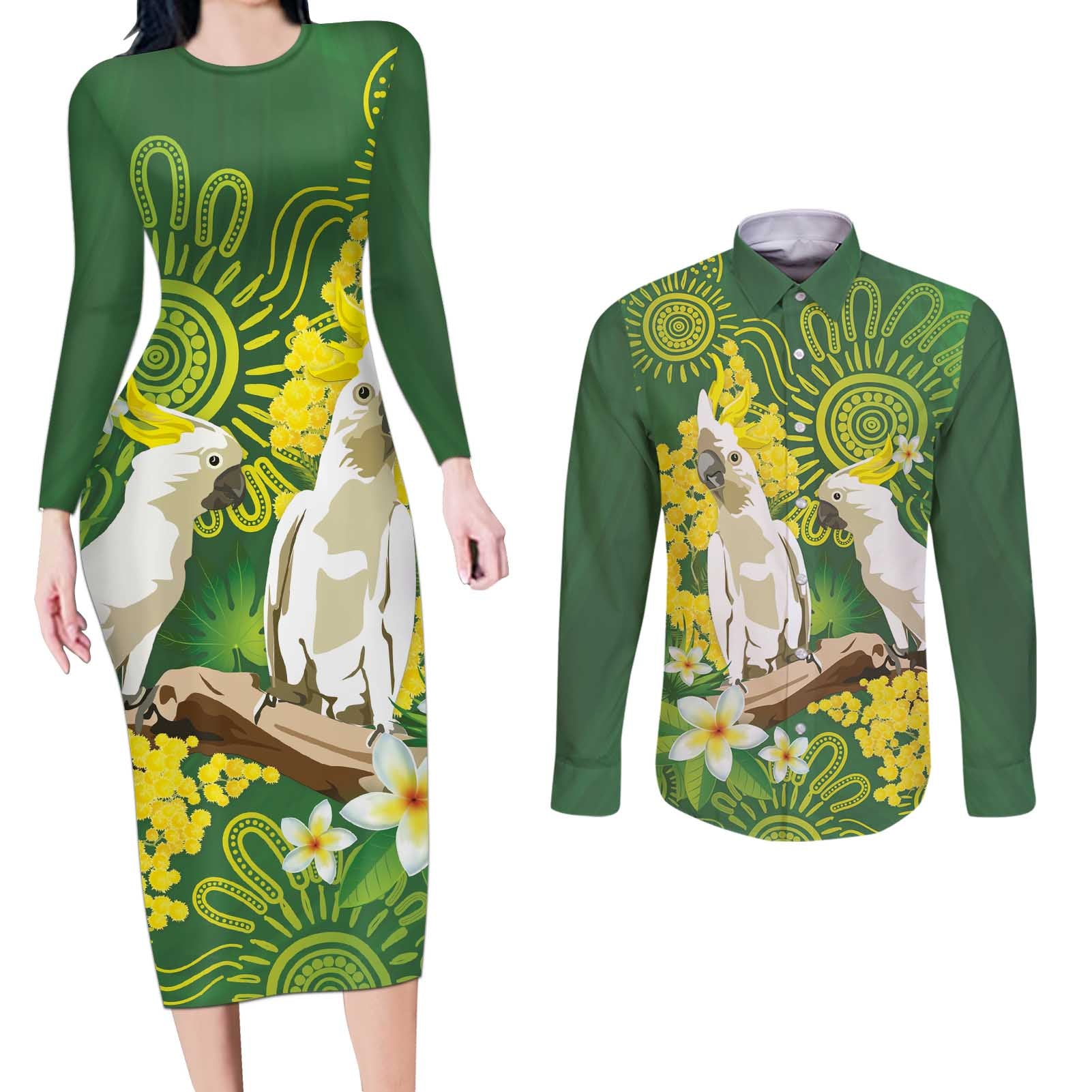 Personalised Australia Golden Wattle And Cacatua Galerita Couples Matching Long Sleeve Bodycon Dress and Long Sleeve Button Shirt Aboriginal Art