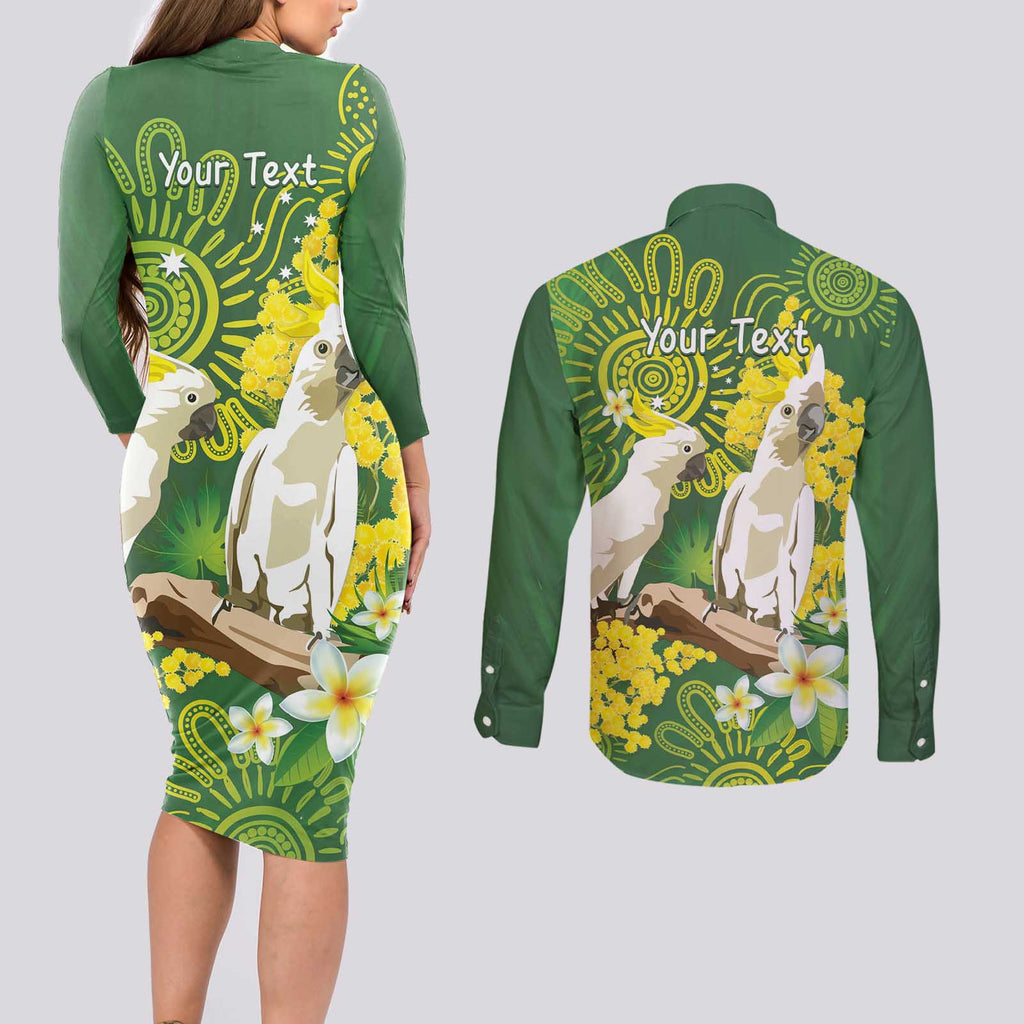 Personalised Australia Golden Wattle And Cacatua Galerita Couples Matching Long Sleeve Bodycon Dress and Long Sleeve Button Shirt Aboriginal Art