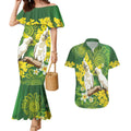 Personalised Australia Golden Wattle And Cacatua Galerita Couples Matching Mermaid Dress and Hawaiian Shirt Aboriginal Art