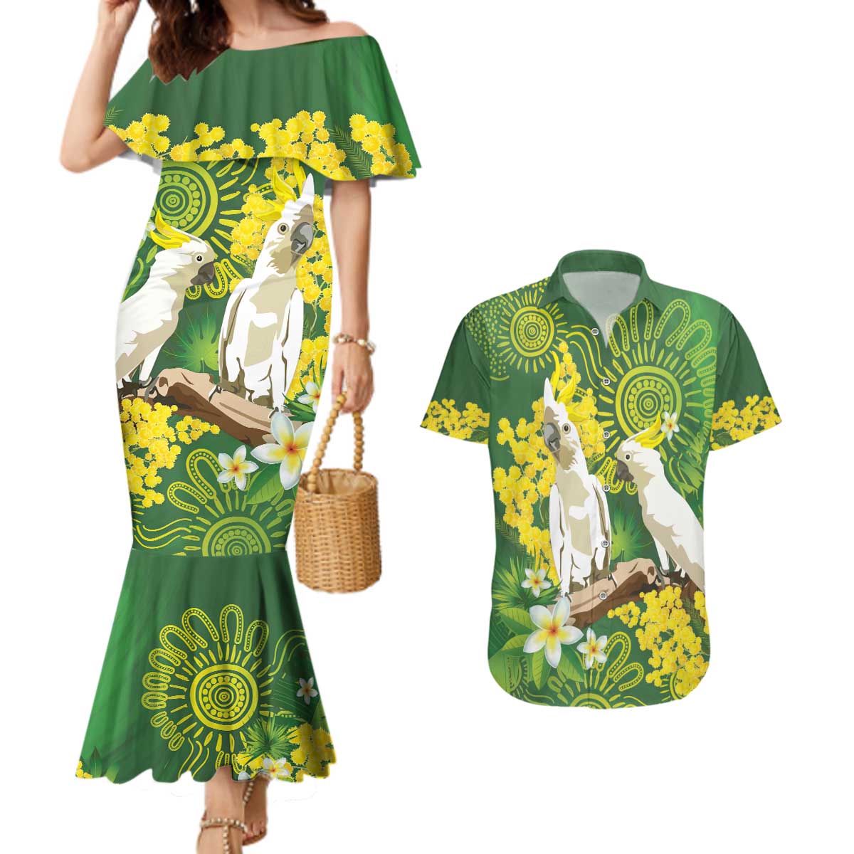 Personalised Australia Golden Wattle And Cacatua Galerita Couples Matching Mermaid Dress and Hawaiian Shirt Aboriginal Art