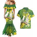 Personalised Australia Golden Wattle And Cacatua Galerita Couples Matching Mermaid Dress and Hawaiian Shirt Aboriginal Art