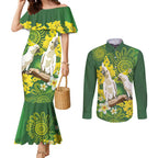 Personalised Australia Golden Wattle And Cacatua Galerita Couples Matching Mermaid Dress and Long Sleeve Button Shirt Aboriginal Art