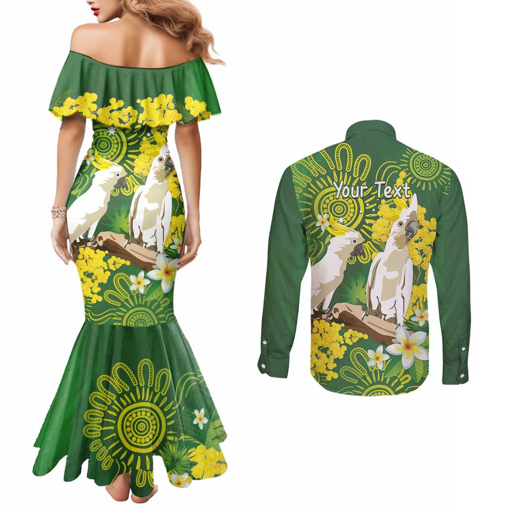 Personalised Australia Golden Wattle And Cacatua Galerita Couples Matching Mermaid Dress and Long Sleeve Button Shirt Aboriginal Art