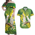 Personalised Australia Golden Wattle And Cacatua Galerita Couples Matching Off Shoulder Maxi Dress and Hawaiian Shirt Aboriginal Art