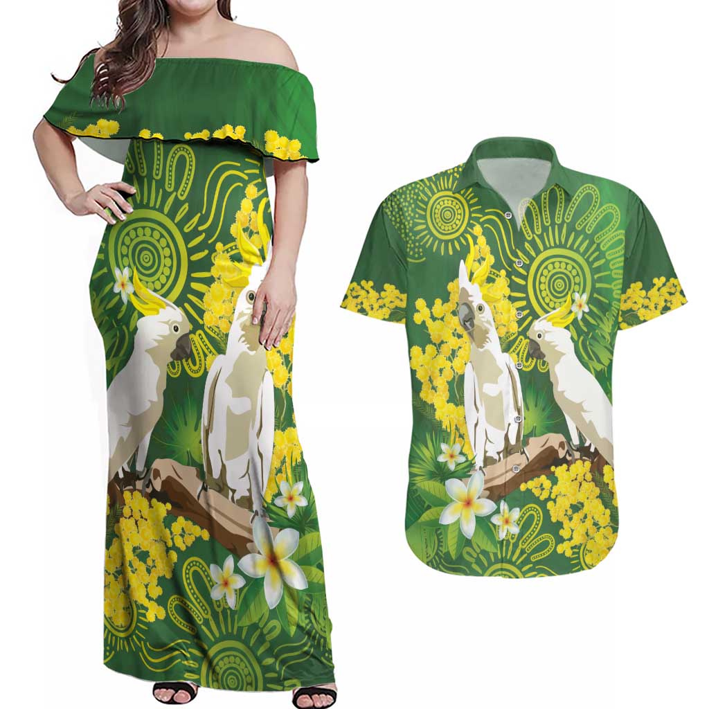 Personalised Australia Golden Wattle And Cacatua Galerita Couples Matching Off Shoulder Maxi Dress and Hawaiian Shirt Aboriginal Art