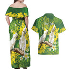 Personalised Australia Golden Wattle And Cacatua Galerita Couples Matching Off Shoulder Maxi Dress and Hawaiian Shirt Aboriginal Art