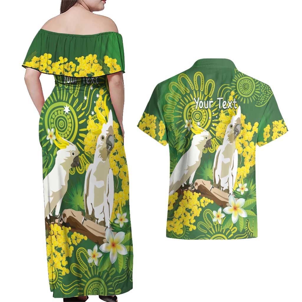 Personalised Australia Golden Wattle And Cacatua Galerita Couples Matching Off Shoulder Maxi Dress and Hawaiian Shirt Aboriginal Art