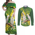 Personalised Australia Golden Wattle And Cacatua Galerita Couples Matching Off Shoulder Maxi Dress and Long Sleeve Button Shirt Aboriginal Art