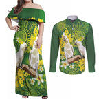 Personalised Australia Golden Wattle And Cacatua Galerita Couples Matching Off Shoulder Maxi Dress and Long Sleeve Button Shirt Aboriginal Art