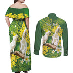 Personalised Australia Golden Wattle And Cacatua Galerita Couples Matching Off Shoulder Maxi Dress and Long Sleeve Button Shirt Aboriginal Art