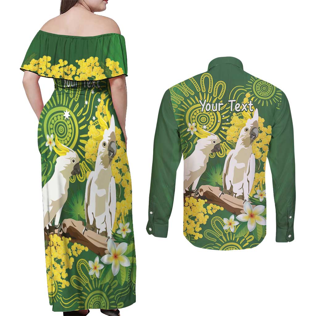 Personalised Australia Golden Wattle And Cacatua Galerita Couples Matching Off Shoulder Maxi Dress and Long Sleeve Button Shirt Aboriginal Art
