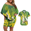 Personalised Australia Golden Wattle And Cacatua Galerita Couples Matching Off Shoulder Short Dress and Hawaiian Shirt Aboriginal Art