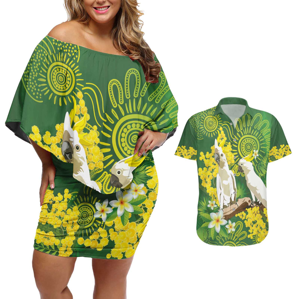 Personalised Australia Golden Wattle And Cacatua Galerita Couples Matching Off Shoulder Short Dress and Hawaiian Shirt Aboriginal Art