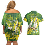 Personalised Australia Golden Wattle And Cacatua Galerita Couples Matching Off Shoulder Short Dress and Hawaiian Shirt Aboriginal Art