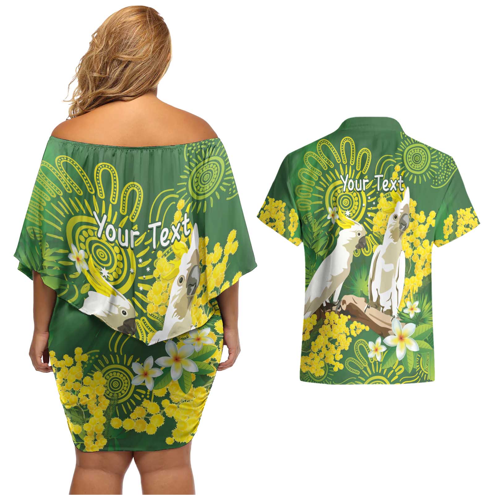 Personalised Australia Golden Wattle And Cacatua Galerita Couples Matching Off Shoulder Short Dress and Hawaiian Shirt Aboriginal Art