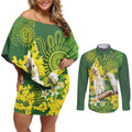Personalised Australia Golden Wattle And Cacatua Galerita Couples Matching Off Shoulder Short Dress and Long Sleeve Button Shirt Aboriginal Art