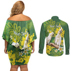 Personalised Australia Golden Wattle And Cacatua Galerita Couples Matching Off Shoulder Short Dress and Long Sleeve Button Shirt Aboriginal Art