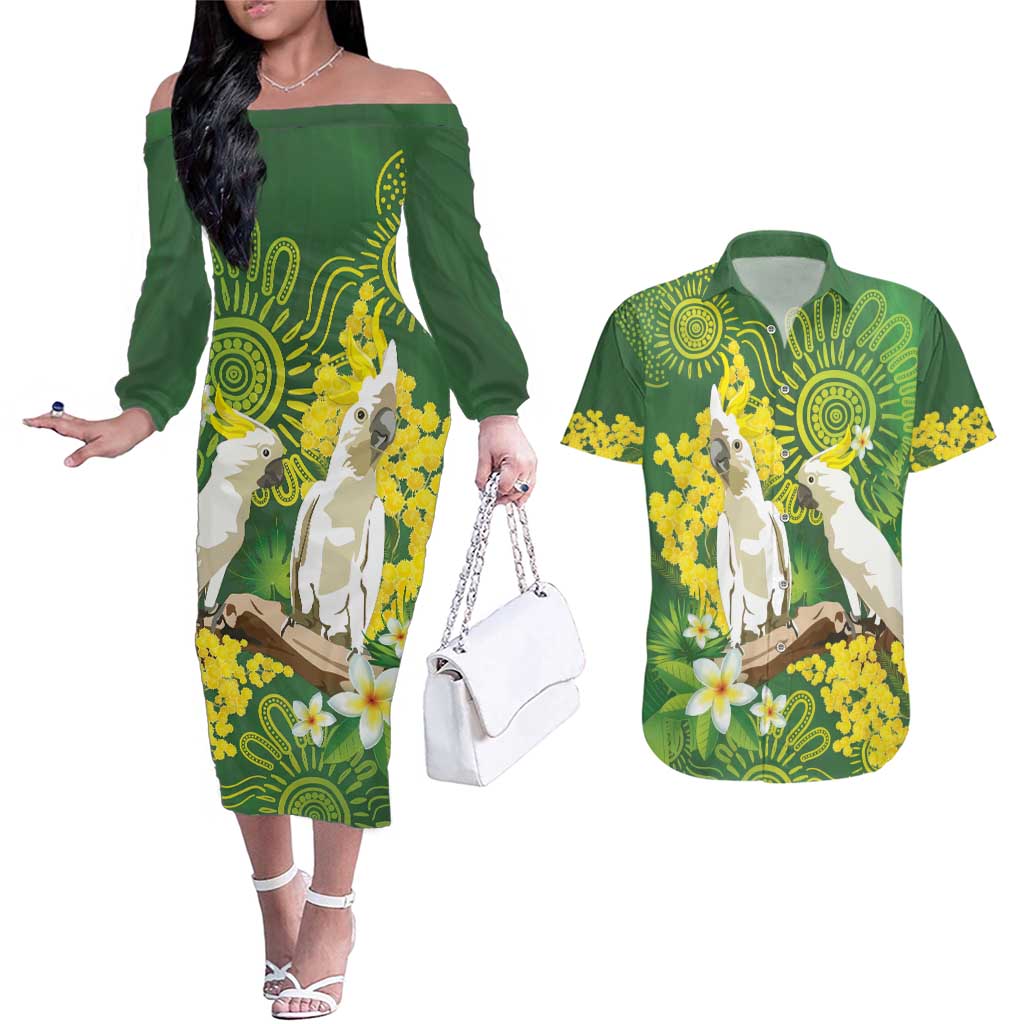 Personalised Australia Golden Wattle And Cacatua Galerita Couples Matching Off The Shoulder Long Sleeve Dress and Hawaiian Shirt Aboriginal Art