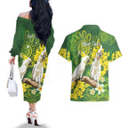 Personalised Australia Golden Wattle And Cacatua Galerita Couples Matching Off The Shoulder Long Sleeve Dress and Hawaiian Shirt Aboriginal Art