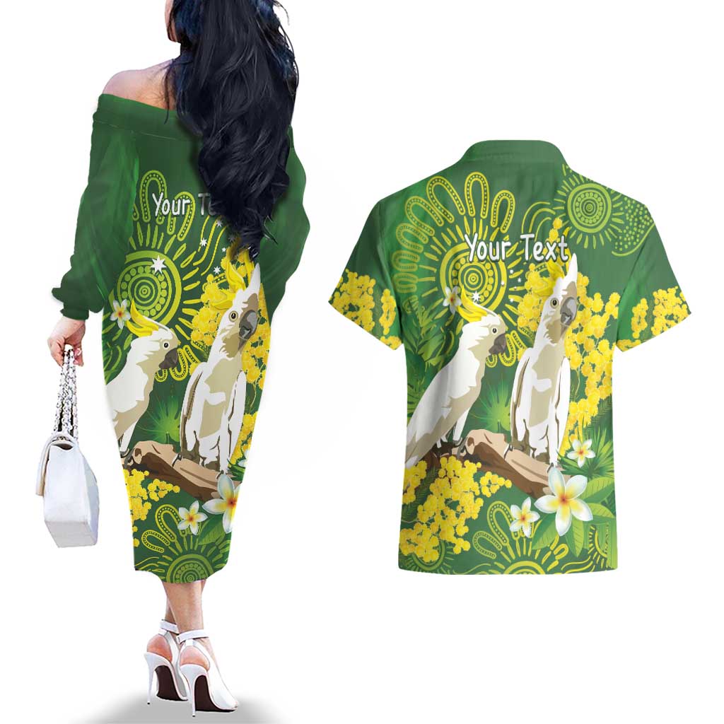 Personalised Australia Golden Wattle And Cacatua Galerita Couples Matching Off The Shoulder Long Sleeve Dress and Hawaiian Shirt Aboriginal Art