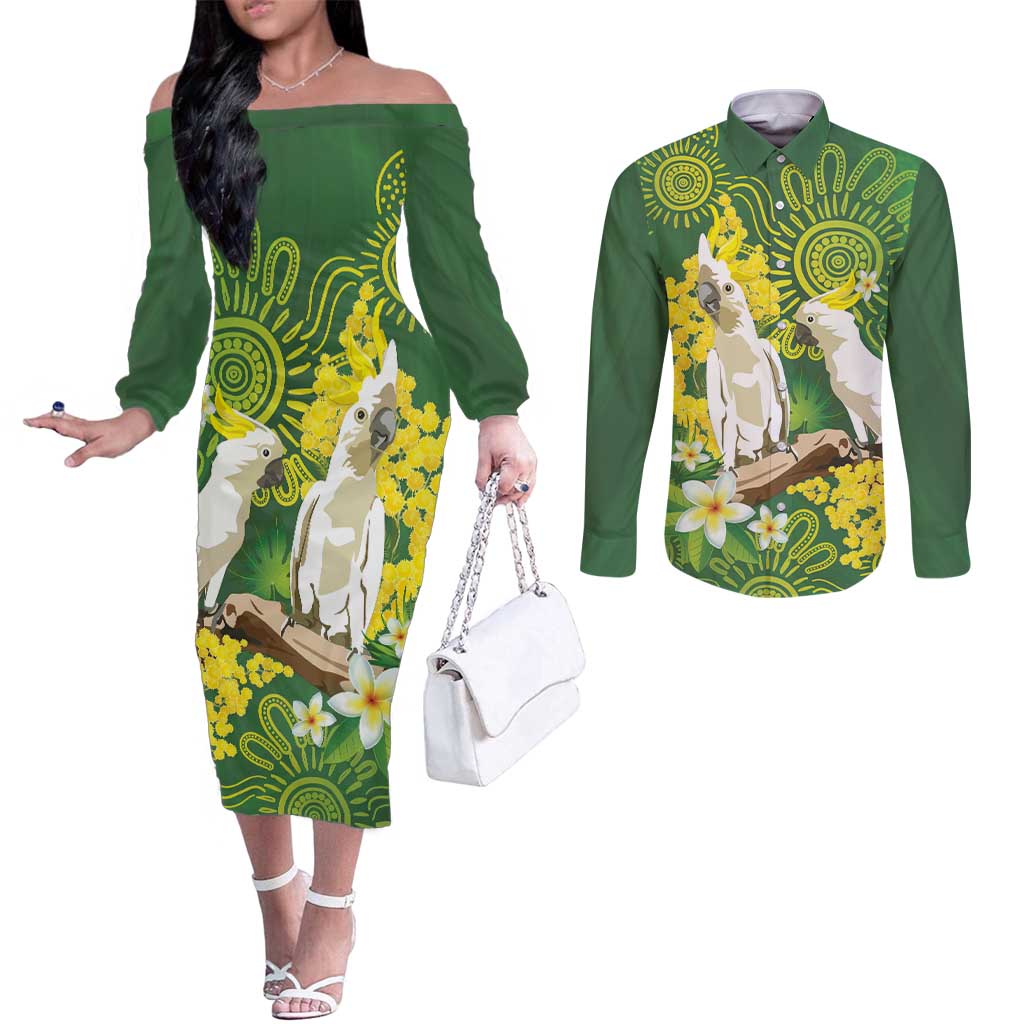 Personalised Australia Golden Wattle And Cacatua Galerita Couples Matching Off The Shoulder Long Sleeve Dress and Long Sleeve Button Shirt Aboriginal Art