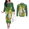 Personalised Australia Golden Wattle And Cacatua Galerita Couples Matching Off The Shoulder Long Sleeve Dress and Long Sleeve Button Shirt Aboriginal Art