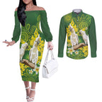Personalised Australia Golden Wattle And Cacatua Galerita Couples Matching Off The Shoulder Long Sleeve Dress and Long Sleeve Button Shirt Aboriginal Art