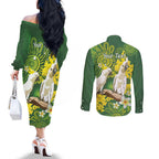 Personalised Australia Golden Wattle And Cacatua Galerita Couples Matching Off The Shoulder Long Sleeve Dress and Long Sleeve Button Shirt Aboriginal Art