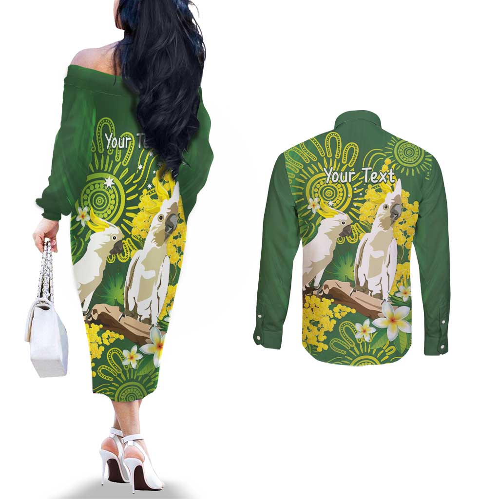 Personalised Australia Golden Wattle And Cacatua Galerita Couples Matching Off The Shoulder Long Sleeve Dress and Long Sleeve Button Shirt Aboriginal Art
