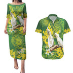 Personalised Australia Golden Wattle And Cacatua Galerita Couples Matching Puletasi and Hawaiian Shirt Aboriginal Art