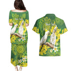 Personalised Australia Golden Wattle And Cacatua Galerita Couples Matching Puletasi and Hawaiian Shirt Aboriginal Art