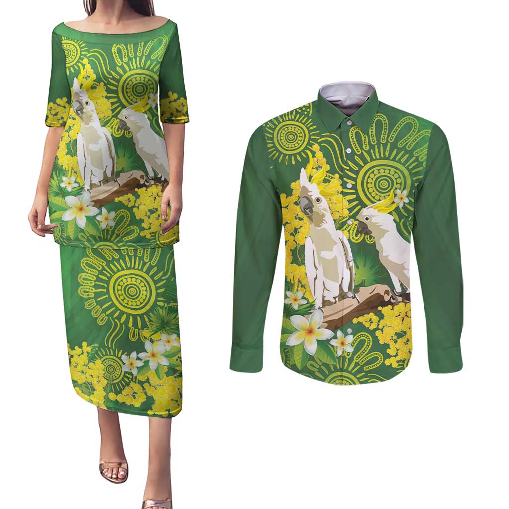 Personalised Australia Golden Wattle And Cacatua Galerita Couples Matching Puletasi and Long Sleeve Button Shirt Aboriginal Art