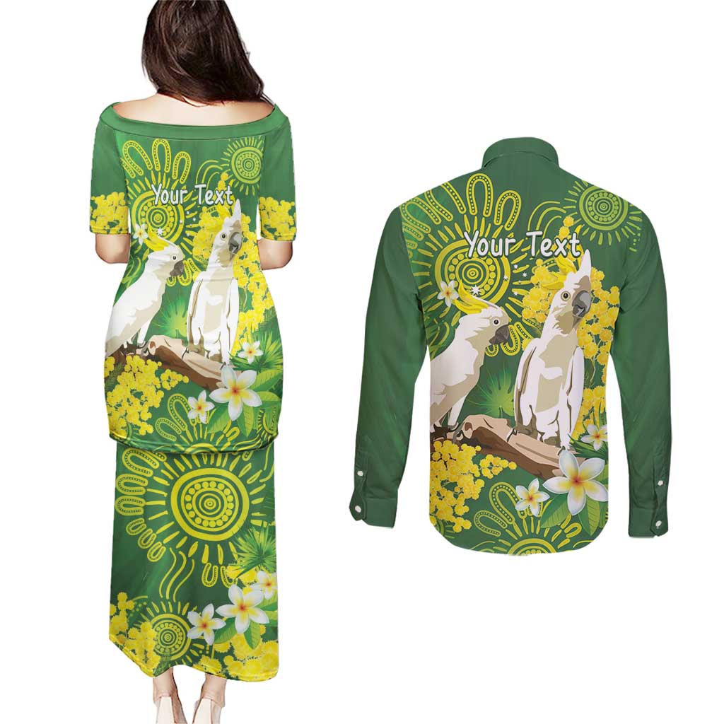 Personalised Australia Golden Wattle And Cacatua Galerita Couples Matching Puletasi and Long Sleeve Button Shirt Aboriginal Art