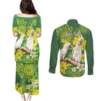 Personalised Australia Golden Wattle And Cacatua Galerita Couples Matching Puletasi and Long Sleeve Button Shirt Aboriginal Art