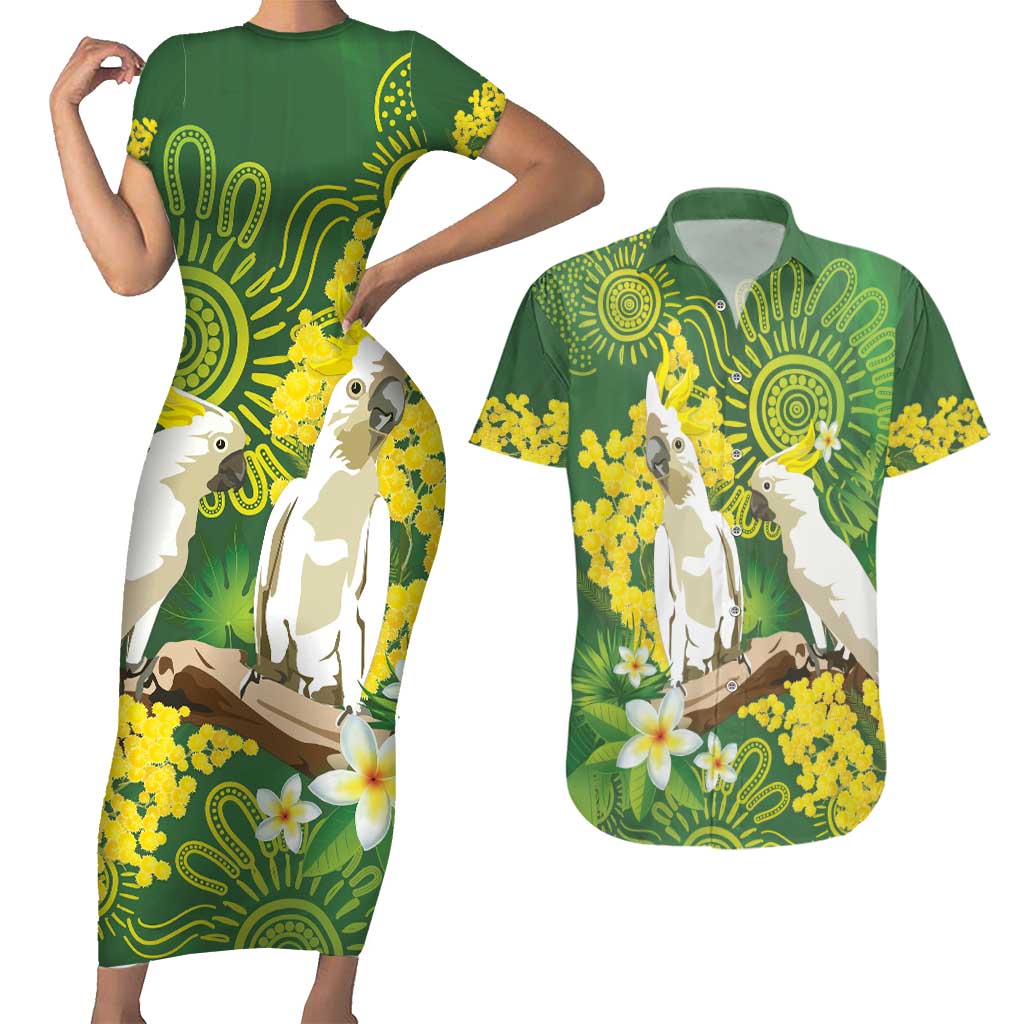 Personalised Australia Golden Wattle And Cacatua Galerita Couples Matching Short Sleeve Bodycon Dress and Hawaiian Shirt Aboriginal Art