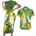 Personalised Australia Golden Wattle And Cacatua Galerita Couples Matching Short Sleeve Bodycon Dress and Hawaiian Shirt Aboriginal Art