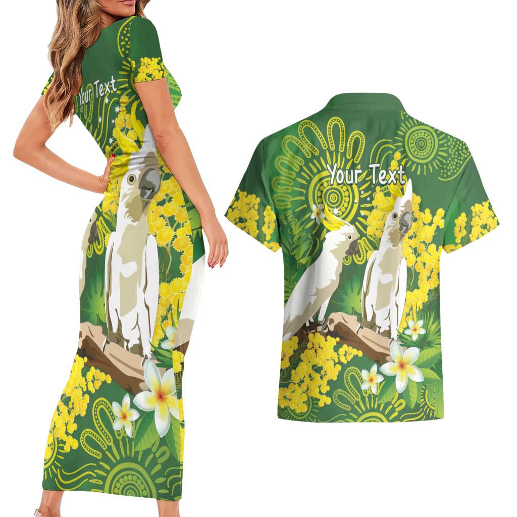 Personalised Australia Golden Wattle And Cacatua Galerita Couples Matching Short Sleeve Bodycon Dress and Hawaiian Shirt Aboriginal Art