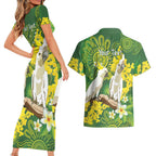 Personalised Australia Golden Wattle And Cacatua Galerita Couples Matching Short Sleeve Bodycon Dress and Hawaiian Shirt Aboriginal Art