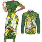 Personalised Australia Golden Wattle And Cacatua Galerita Couples Matching Short Sleeve Bodycon Dress and Long Sleeve Button Shirt Aboriginal Art
