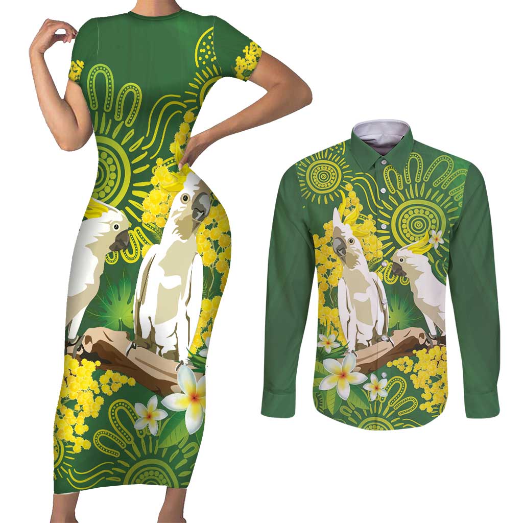 Personalised Australia Golden Wattle And Cacatua Galerita Couples Matching Short Sleeve Bodycon Dress and Long Sleeve Button Shirt Aboriginal Art