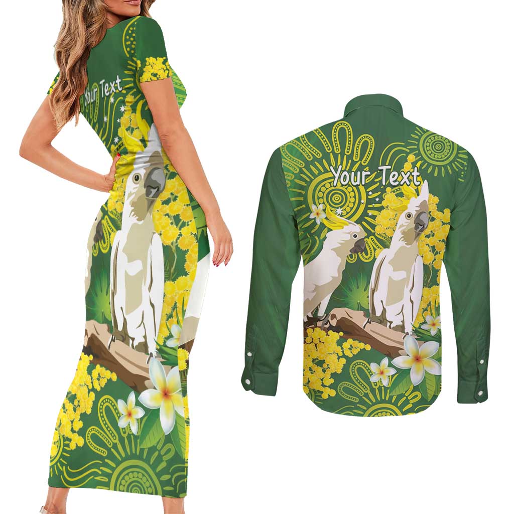 Personalised Australia Golden Wattle And Cacatua Galerita Couples Matching Short Sleeve Bodycon Dress and Long Sleeve Button Shirt Aboriginal Art