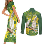 Personalised Australia Golden Wattle And Cacatua Galerita Couples Matching Short Sleeve Bodycon Dress and Long Sleeve Button Shirt Aboriginal Art