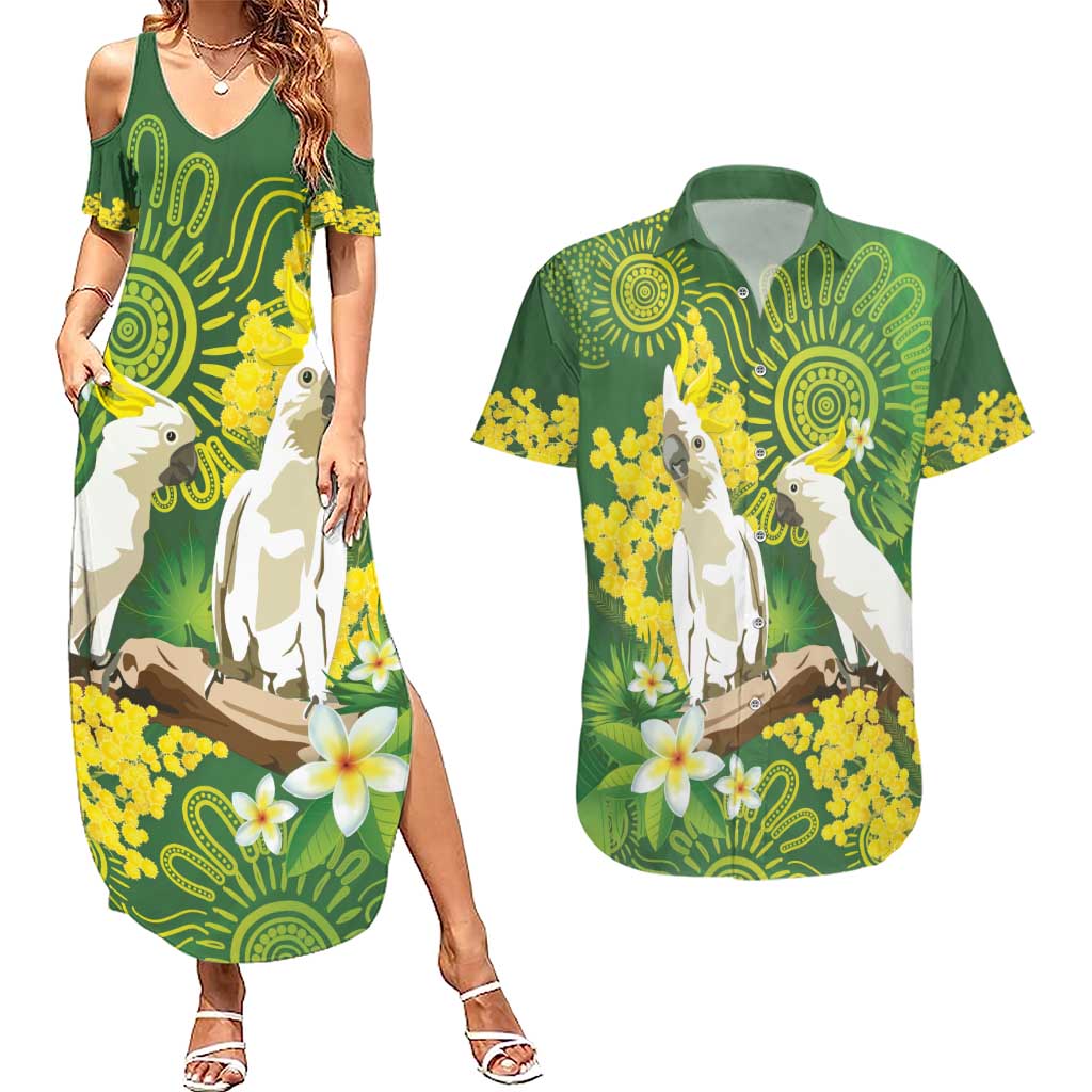 Personalised Australia Golden Wattle And Cacatua Galerita Couples Matching Summer Maxi Dress and Hawaiian Shirt Aboriginal Art