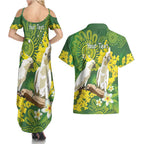 Personalised Australia Golden Wattle And Cacatua Galerita Couples Matching Summer Maxi Dress and Hawaiian Shirt Aboriginal Art