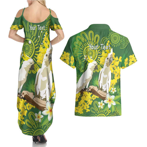 Personalised Australia Golden Wattle And Cacatua Galerita Couples Matching Summer Maxi Dress and Hawaiian Shirt Aboriginal Art